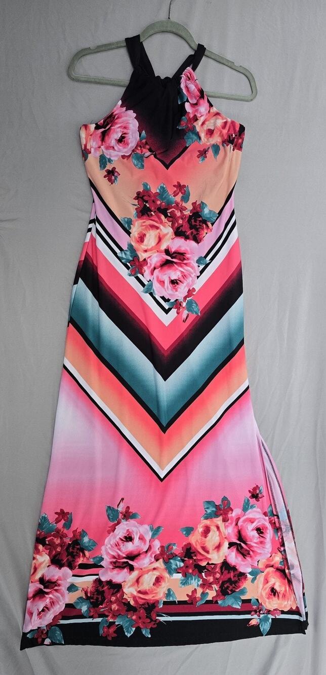 Venus Dress Womens Small Pink Floral Chevron Halter Maxi Jersey Lined *Stain